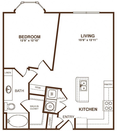 Floor plan for 1 bed, 1 bath, 1051 sqft
